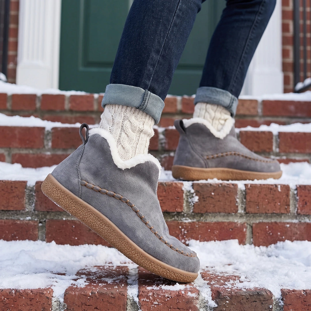 Annora Suede Faux Fur Lined Bootie Slippers - Gray
