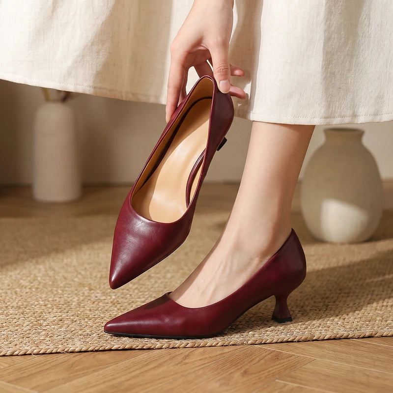 Sylvie Women's Leather Kitten Heel Pumps - Maroon