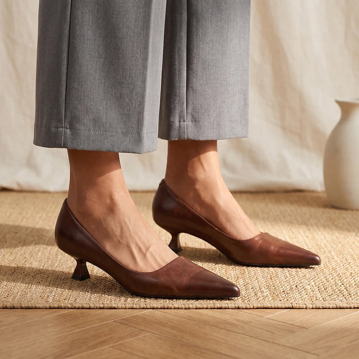 Sylvie Women's Leather Kitten Heel Pumps - Brown