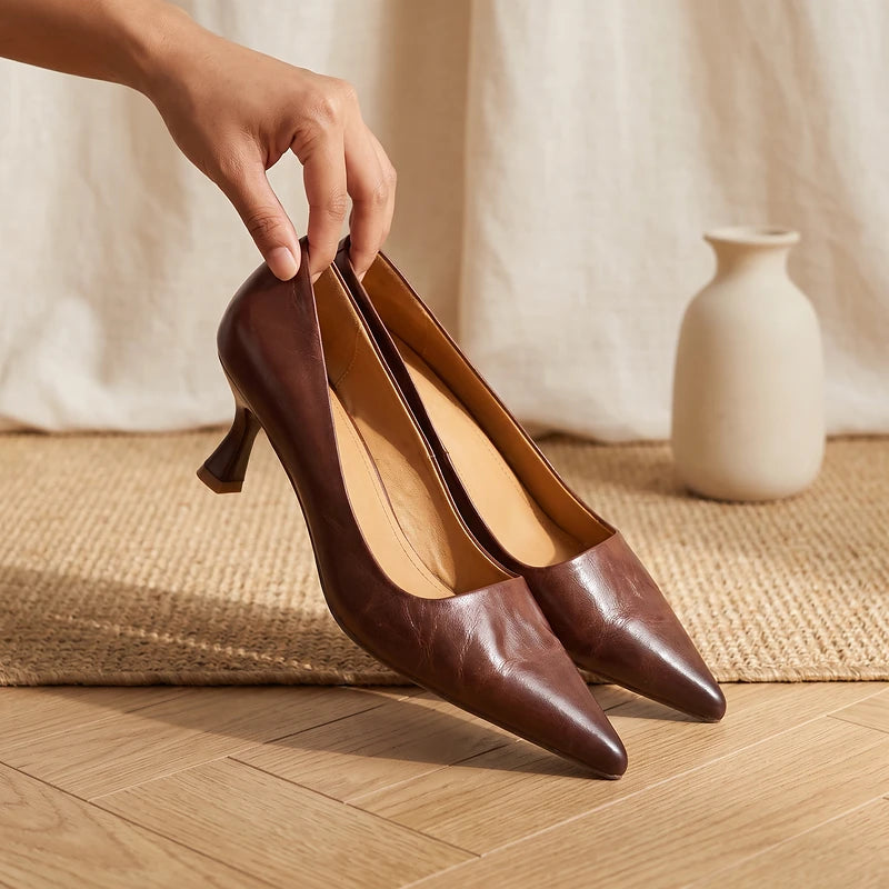 Sylvie Women's Leather Kitten Heel Pumps - Brown