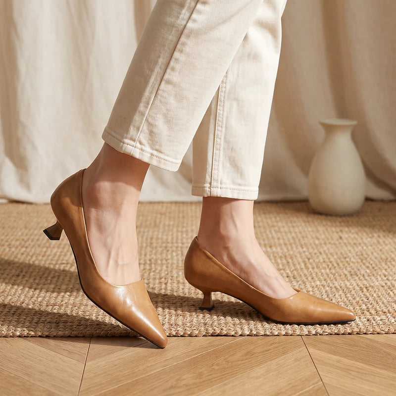 Sylvie Women's Leather Kitten Heel Pumps - Apricot