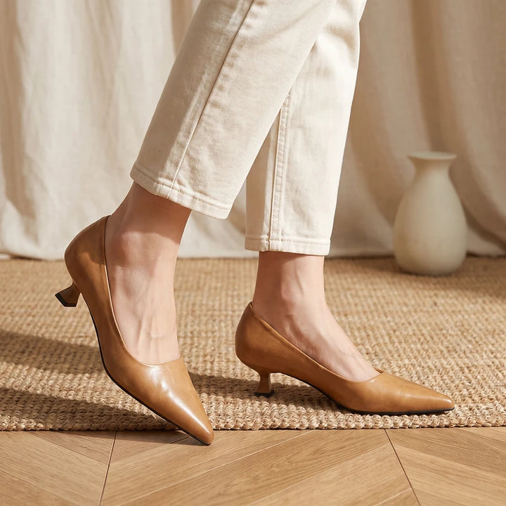 Sylvie Women's Leather Kitten Heel Pumps - Apricot