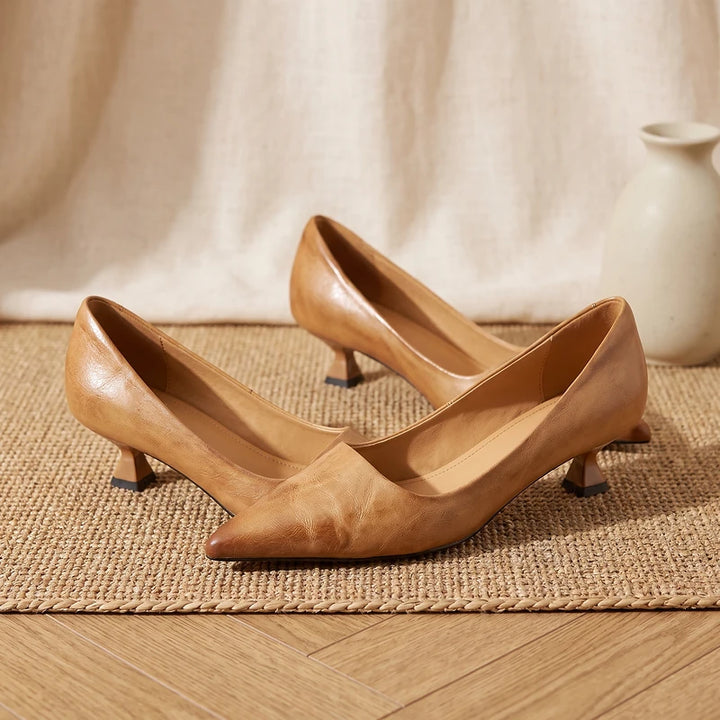 Sylvie Women's Leather Kitten Heel Pumps - Apricot