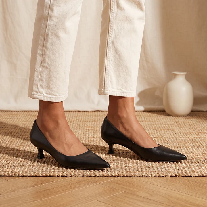 Sylvie Women's Leather Kitten Heel Pumps - Black