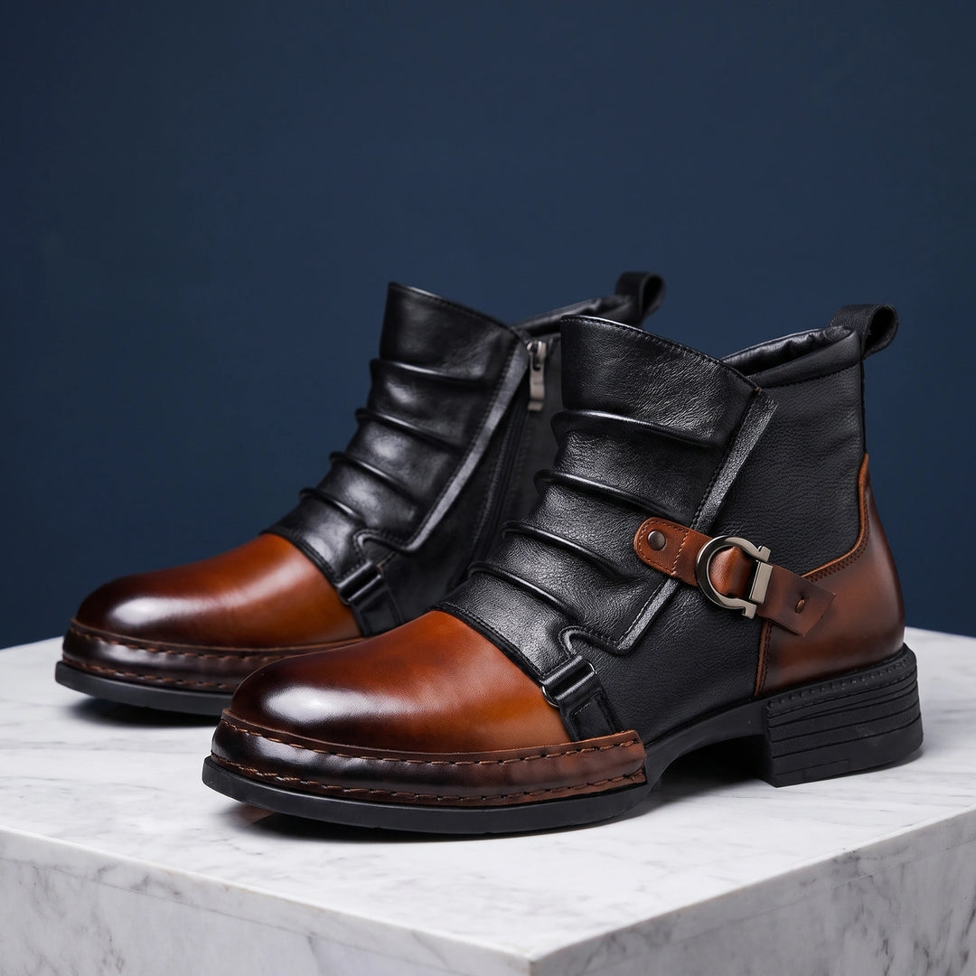 Ansel Two Tone Buckle Zip Boots - Black