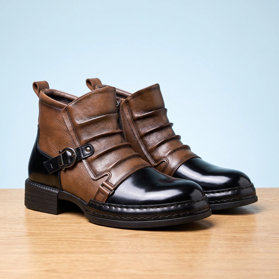Ansel Two Tone Buckle Zip Boots - Brown