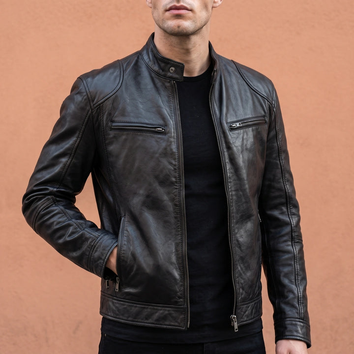 Anselmo Washed Leather Cafe Racer Jacket - Black