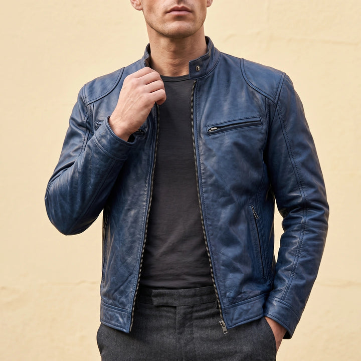 Anselmo Washed Leather Cafe Racer Jacket - Blue