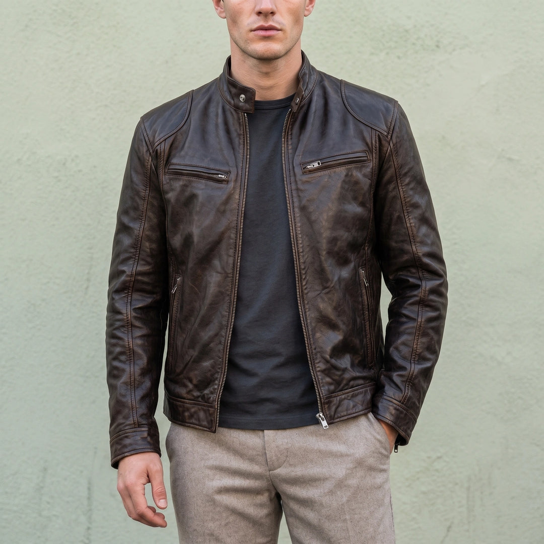 Anselmo Washed Leather Cafe Racer Jacket - Brown