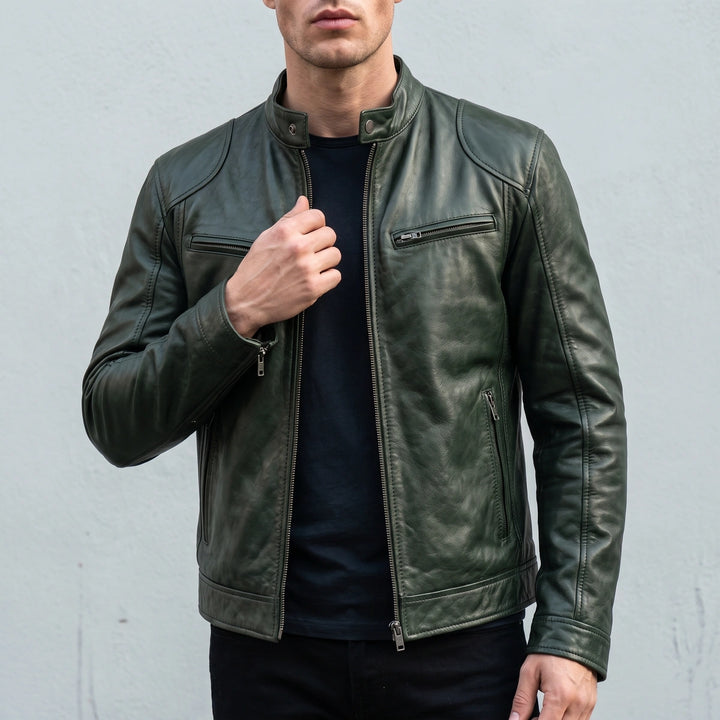 Anselmo Washed Leather Cafe Racer Jacket - Green