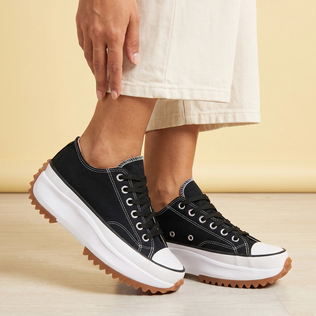 Arlette Canvas Lace Up Platform Sneakers - Black