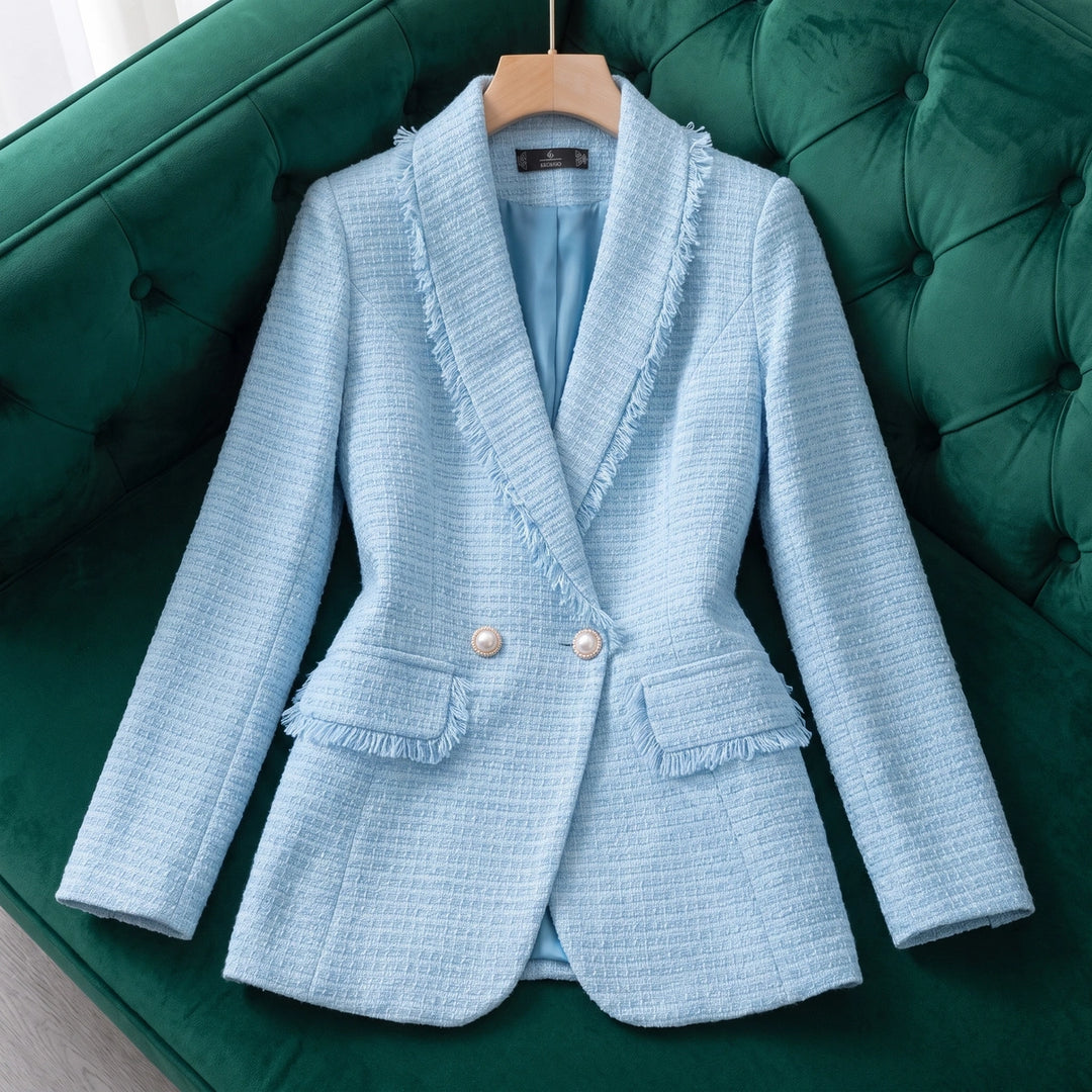 Aurelia Fringed Tweed Pearl Button Blazer - Blue