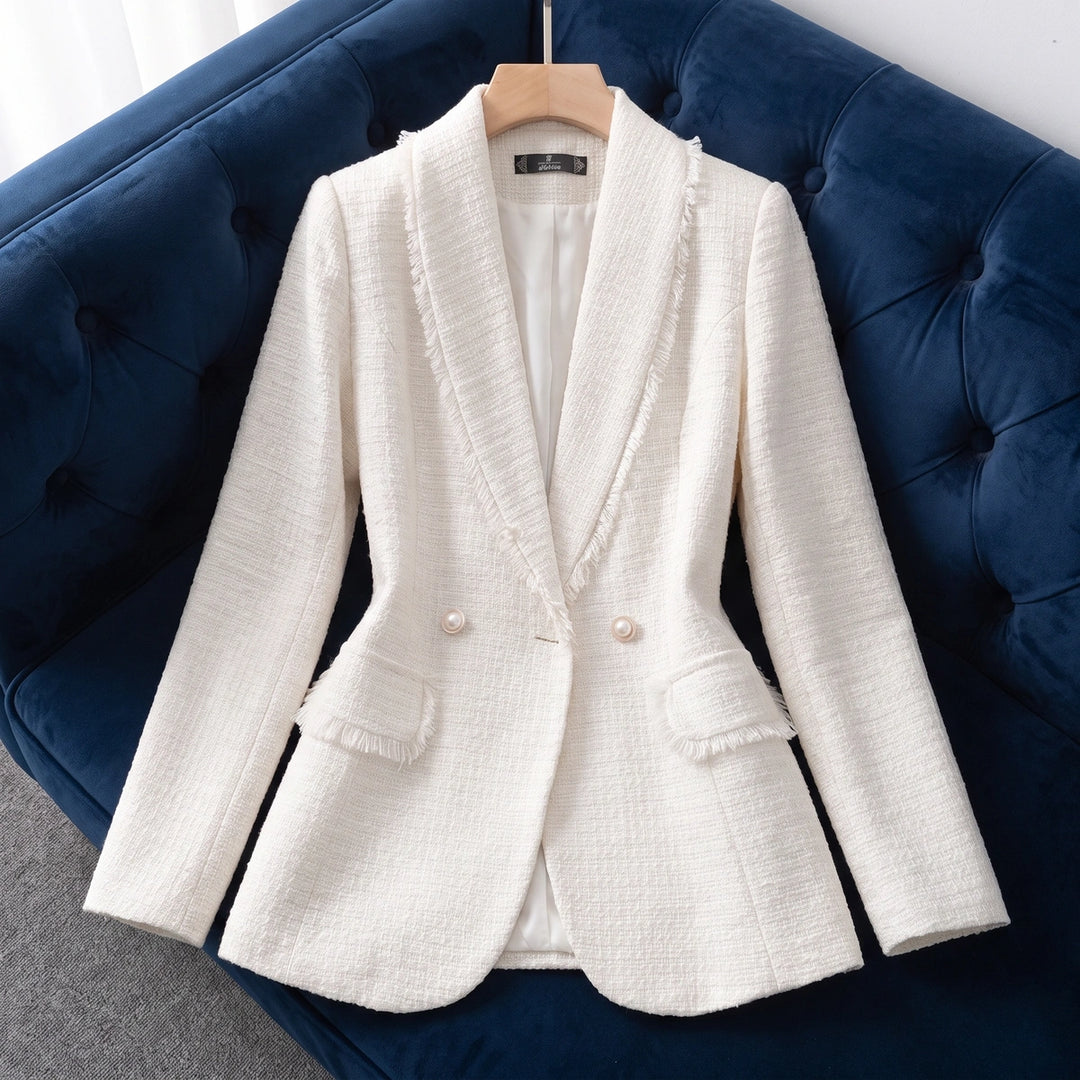 Aurelia Fringed Tweed Pearl Button Blazer - Cream