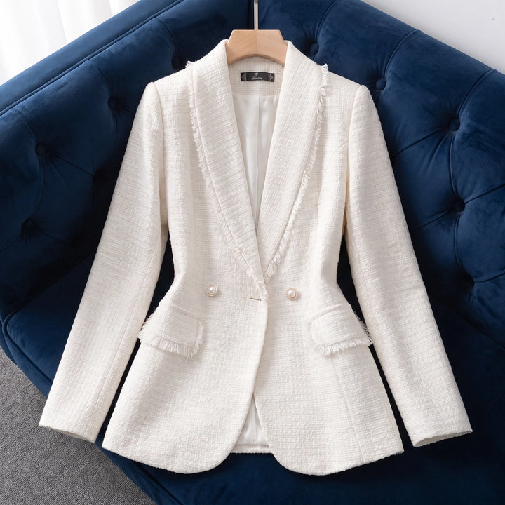 Aurelia Fringed Tweed Pearl Button Blazer - Cream