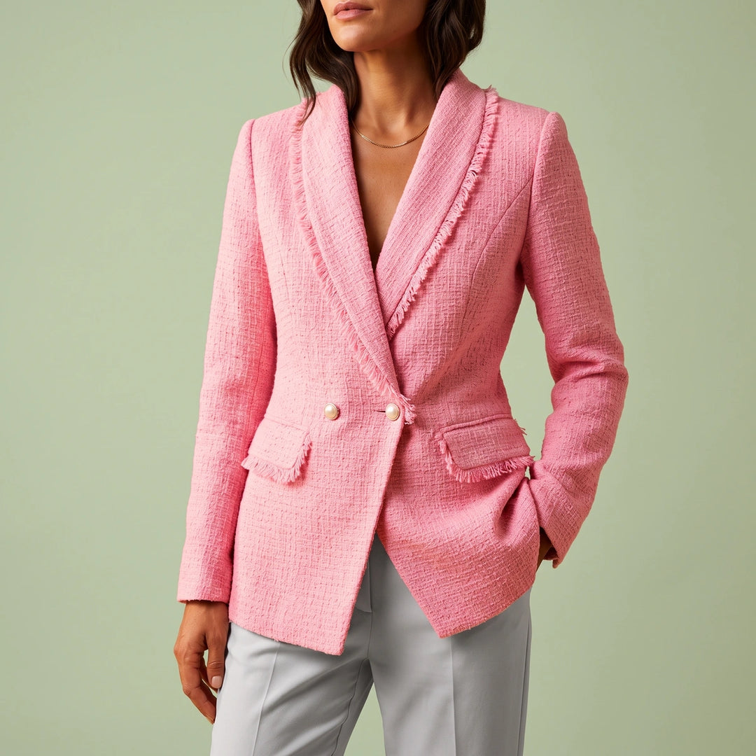 Aurelia Fringed Tweed Pearl Button Blazer - Pink