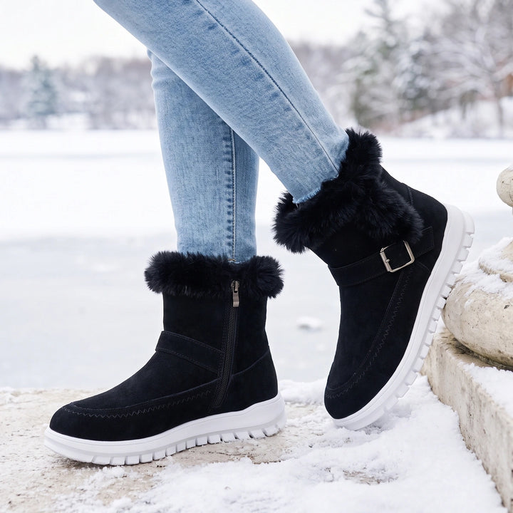 Avelina Vegan Suede Fur Trim Sneaker Sole Boots - Black