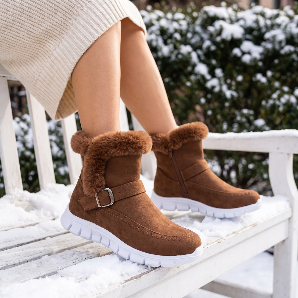 Avelina Vegan Suede Fur Trim Sneaker Sole Boots - Brown