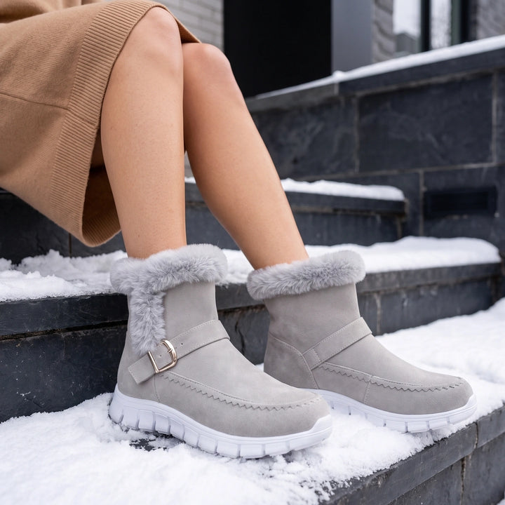 Avelina Vegan Suede Fur Trim Sneaker Sole Boots - Light Gray