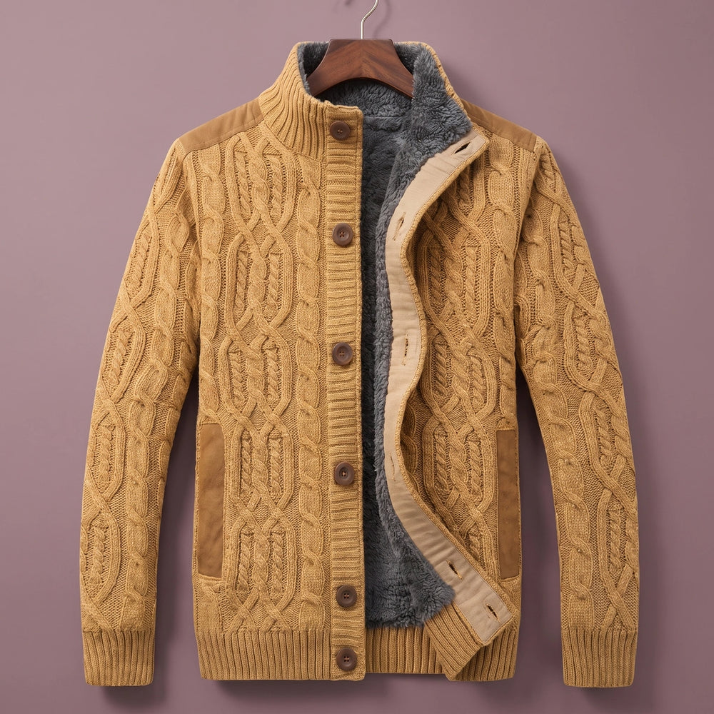 Barnabas Sherpa Lined Cable Knit Stand Collar Cardigan - Khaki