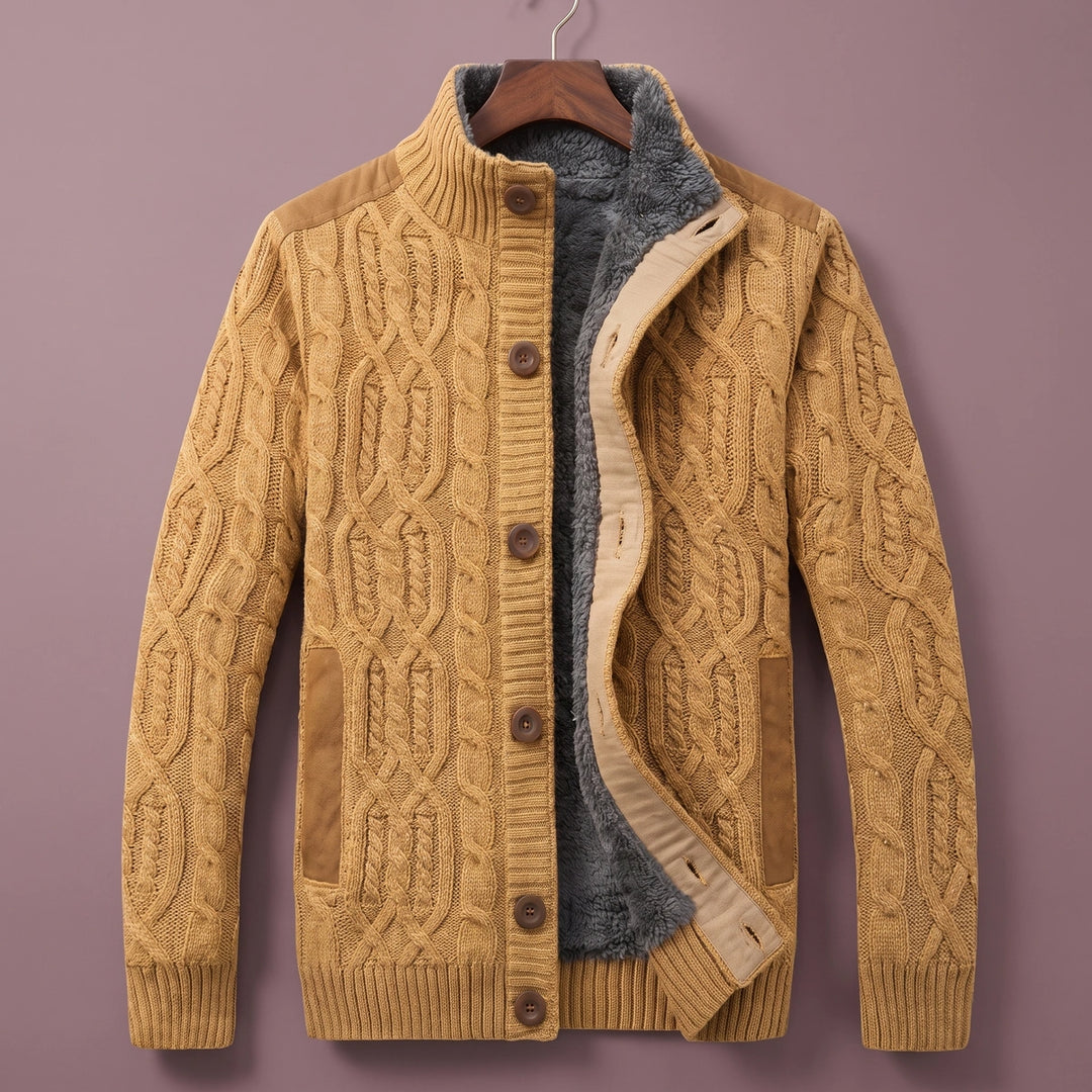 Barnabas Sherpa Lined Cable Knit Stand Collar Cardigan - Khaki