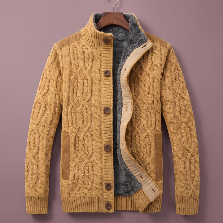 Barnabas Sherpa Lined Cable Knit Stand Collar Cardigan - Khaki