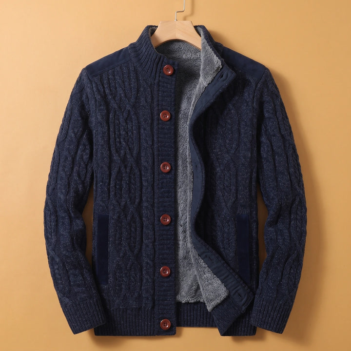 Barnabas Sherpa Lined Cable Knit Stand Collar Cardigan - Navy