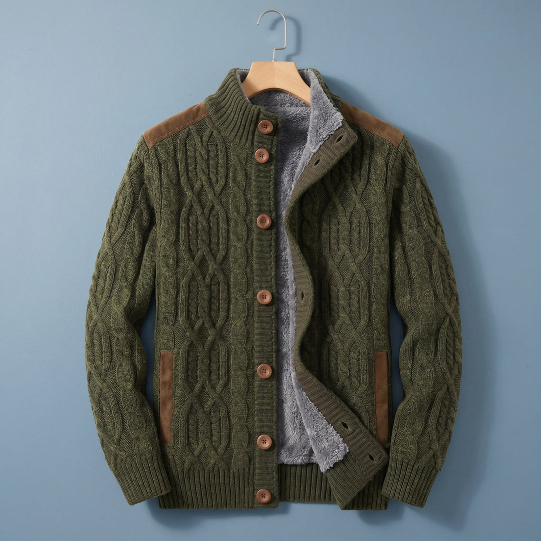 Barnabas Sherpa Lined Cable Knit Stand Collar Cardigan - Olive