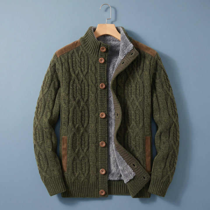 Barnabas Sherpa Lined Cable Knit Stand Collar Cardigan - Olive