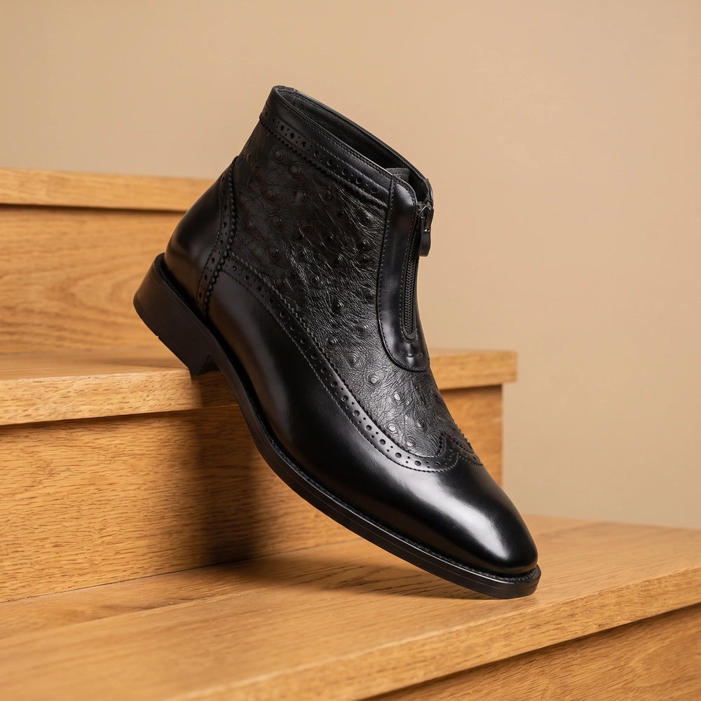Barnard Wingtip Ostrich Leather Zip Ankle Boots - Black