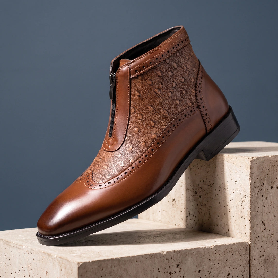 Barnard Wingtip Ostrich Leather Zip Ankle Boots - Brown