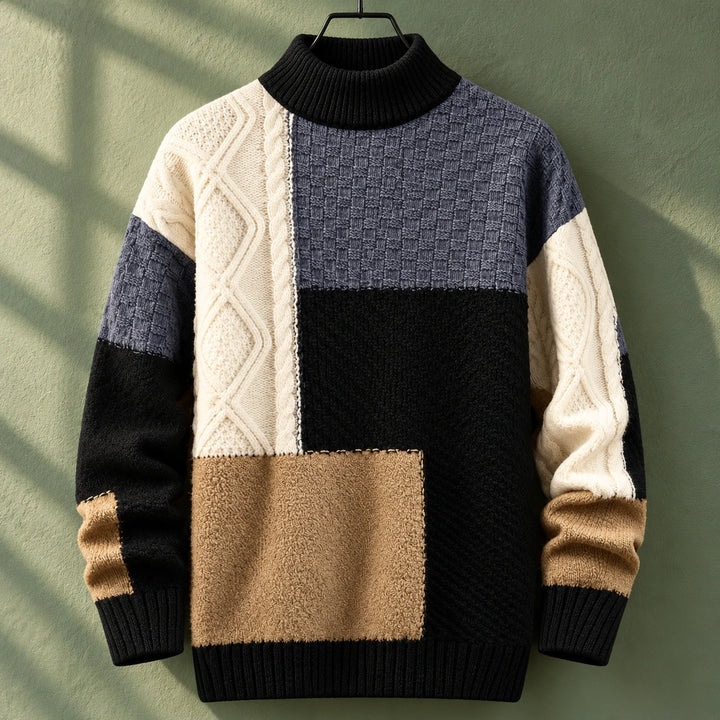 Bartholomeo Patchwork Cable Knit Mock Neck Sweater - Black