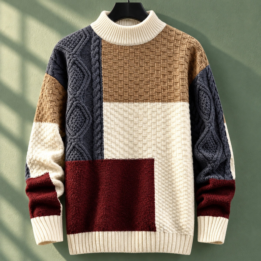 Bartholomeo Patchwork Cable Knit Mock Neck Sweater - Red