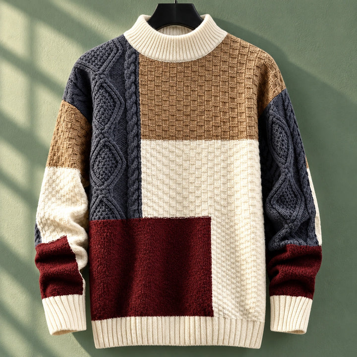 Bartholomeo Patchwork Cable Knit Mock Neck Sweater - Red
