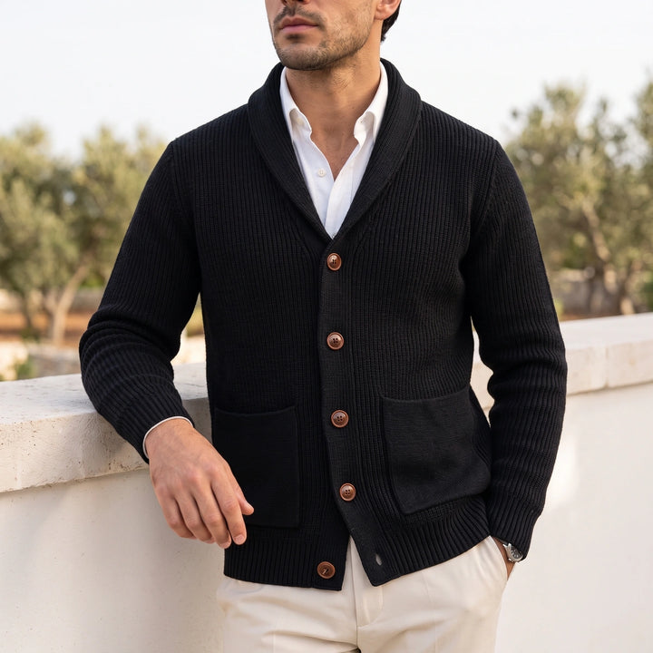 Basil Waffle Knit Shawl Collar Patch Pocket Cardigan - Black