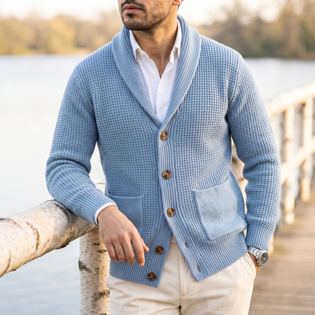 Basil Waffle Knit Shawl Collar Patch Pocket Cardigan - Blue
