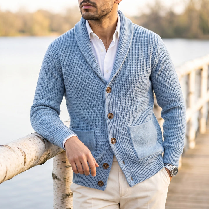Basil Waffle Knit Shawl Collar Patch Pocket Cardigan - Blue