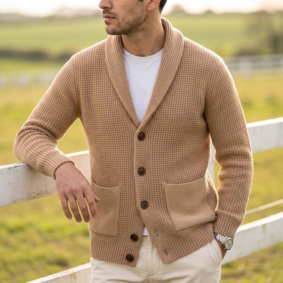 Basil Waffle Knit Shawl Collar Patch Pocket Cardigan - Brown