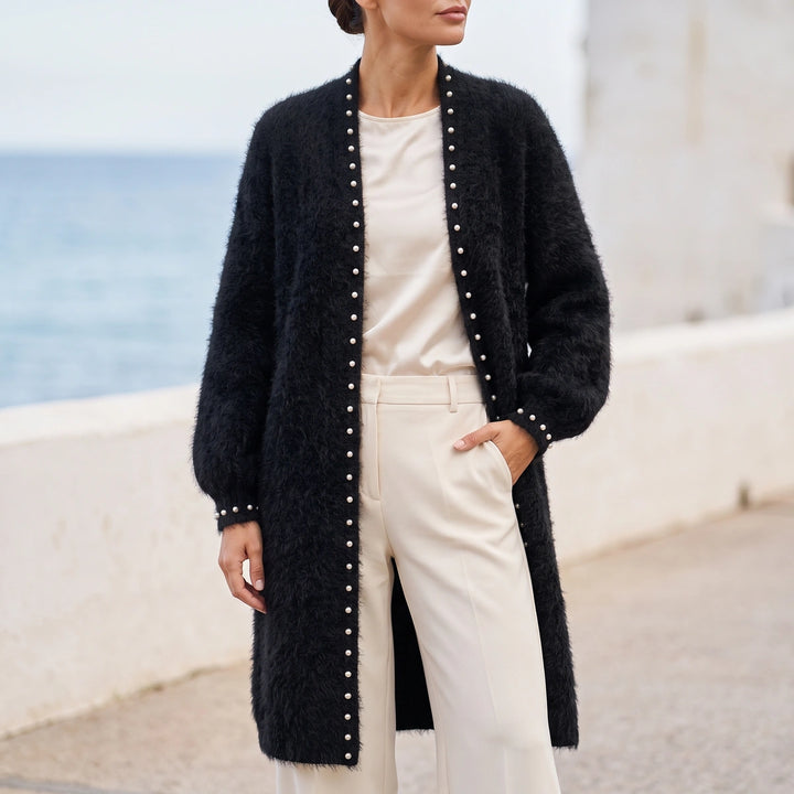 Beata Cashmere Blend Pearl Edge Open Cardigan - Black