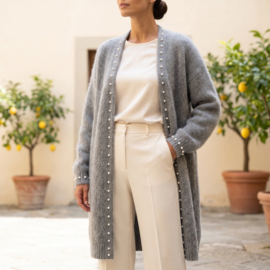 Beata Cashmere Blend Pearl Edge Open Cardigan - Gray