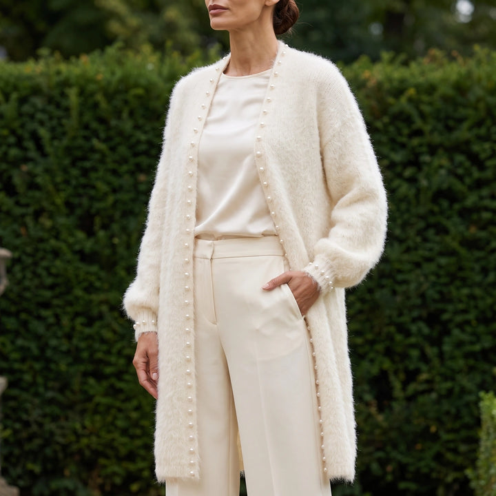 Beata Cashmere Blend Pearl Edge Open Cardigan - White