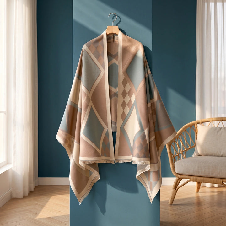 Beatrice Geometric Wool Blend Shawl - Beige