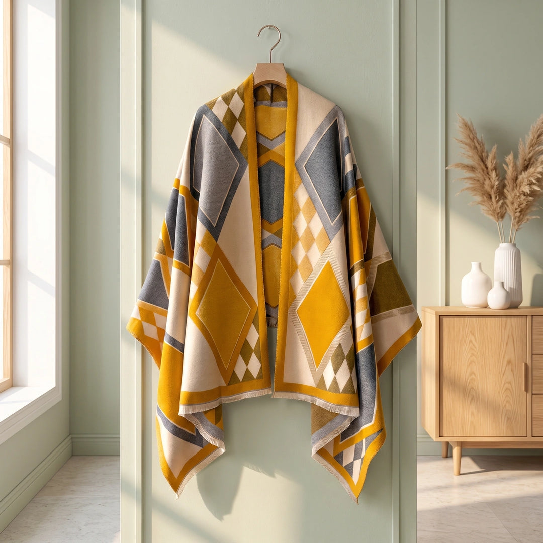 Beatrice Geometric Wool Blend Shawl - Golden