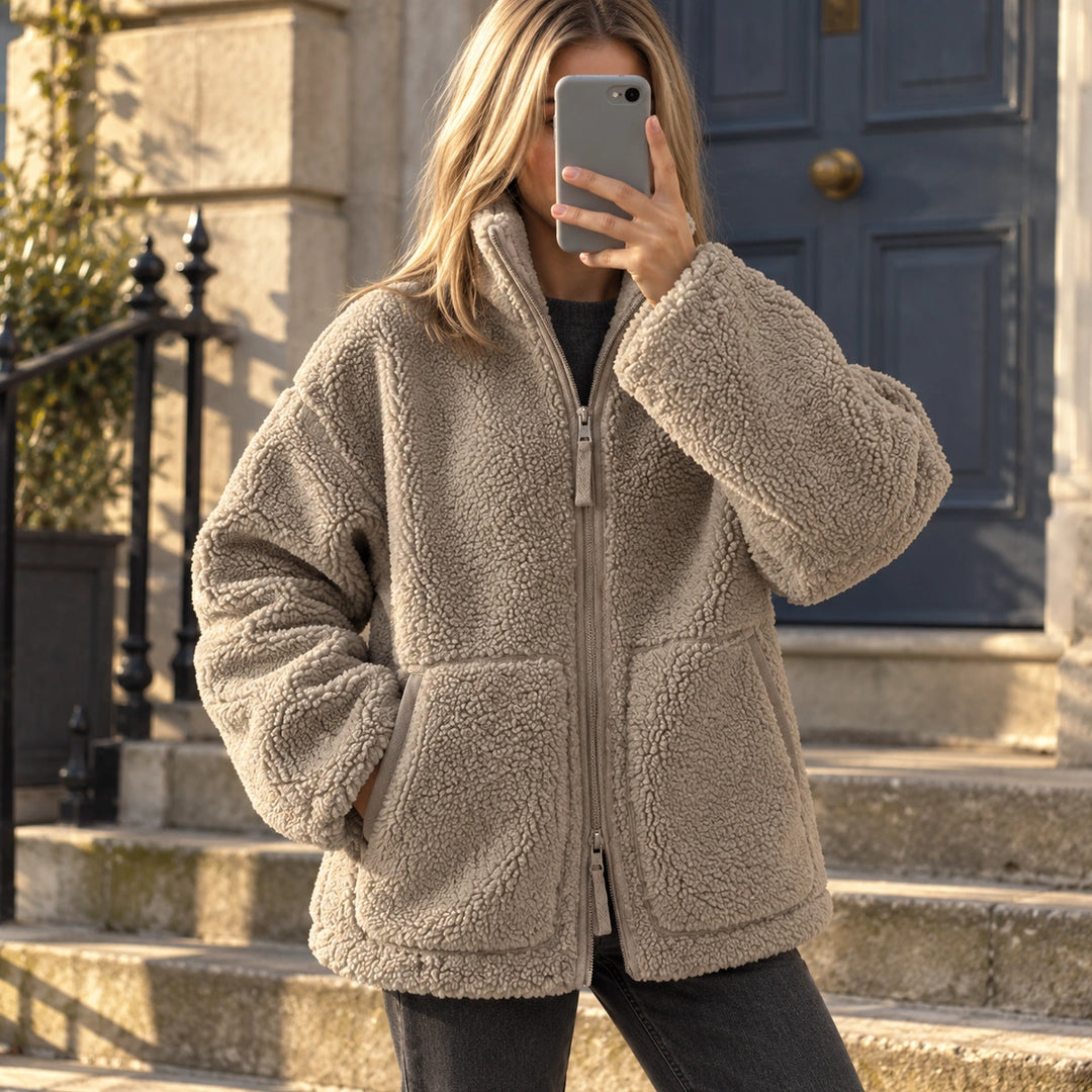 Bella Plush Teddy Zip Up Jacket - Khaki