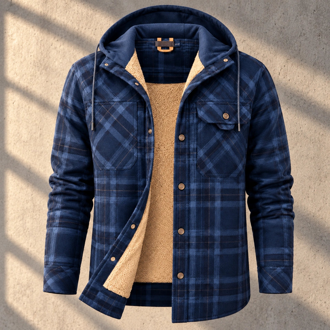 Benson Hooded Plaid Sherpa Lined Jacket - Navy Blue