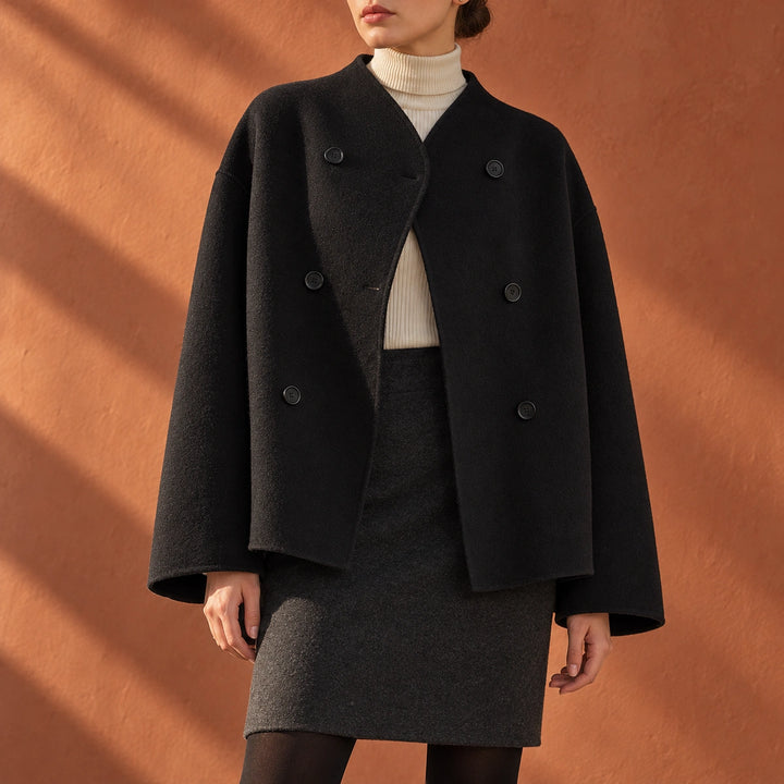 Beth Stand Collar Cropped Double Breasted Coat - Black