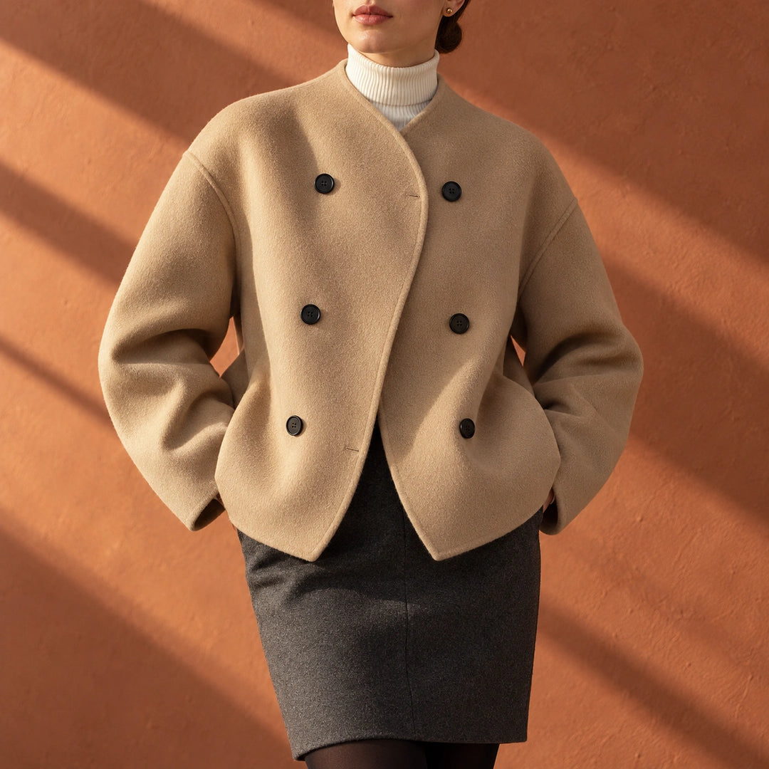 Beth Stand Collar Cropped Double Breasted Coat - Khaki
