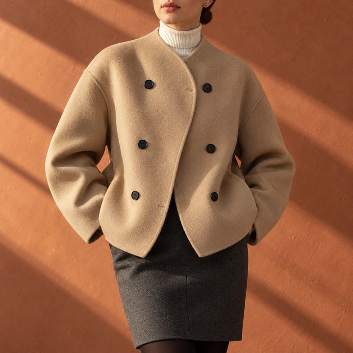 Beth Stand Collar Cropped Double Breasted Coat - Khaki