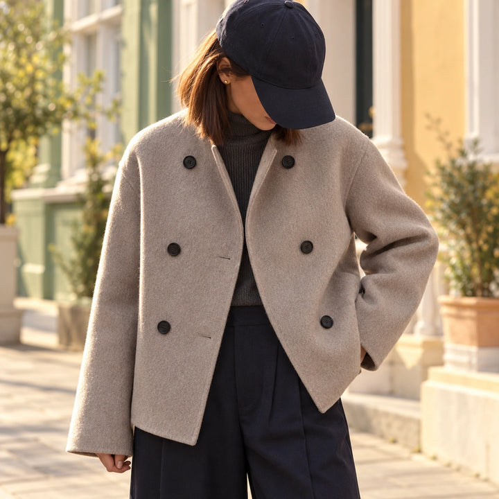 Beth Stand Collar Cropped Double Breasted Coat - Taupe
