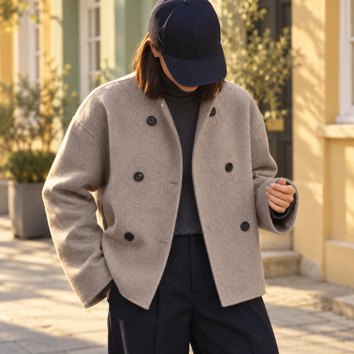 Beth Stand Collar Cropped Double Breasted Coat - Taupe