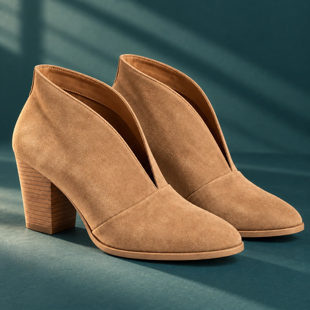 Bonnie Suede Look V Front Ankle Boots - Camel